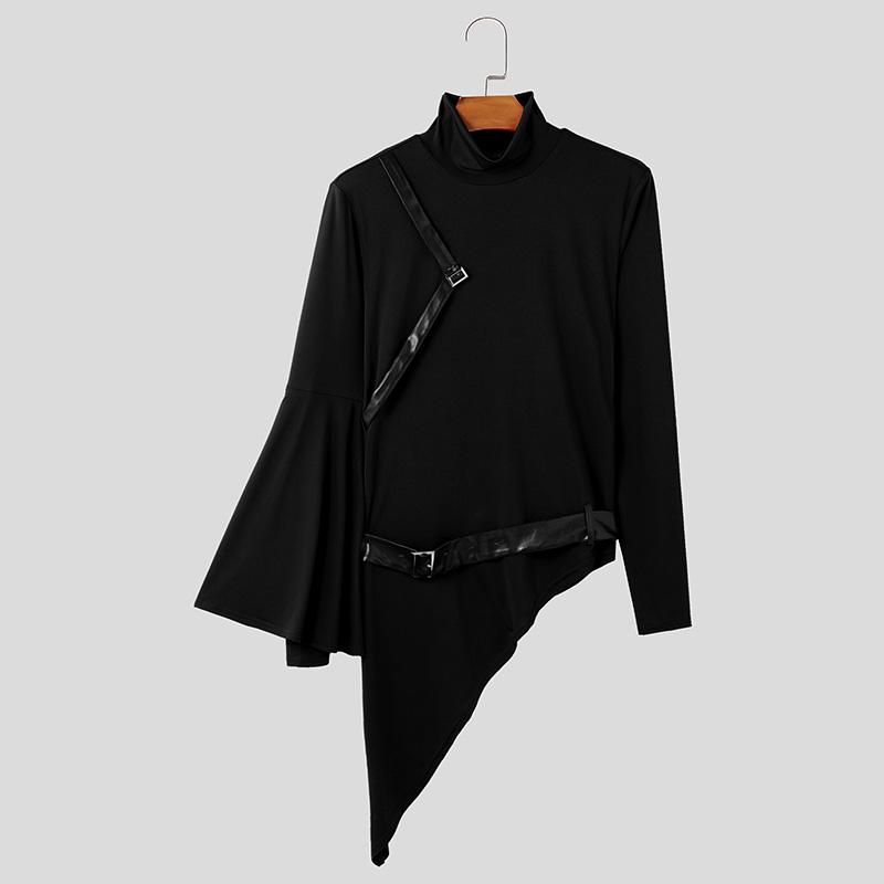 

INCERUN Мужские расклешенные топы с высоким воротом и длинным рукавом, с поясом, в стиле пэчворк, нестандартные облегающие футболки 3XL чёрный