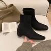 Skinny boots versatile single boots trendy short boots black new rear zipper women's square head elastic boots commuter low heel
