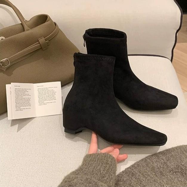 Skinny boots versatile single boots trendy short boots black new rear zipper women's square head elastic boots commuter low heel