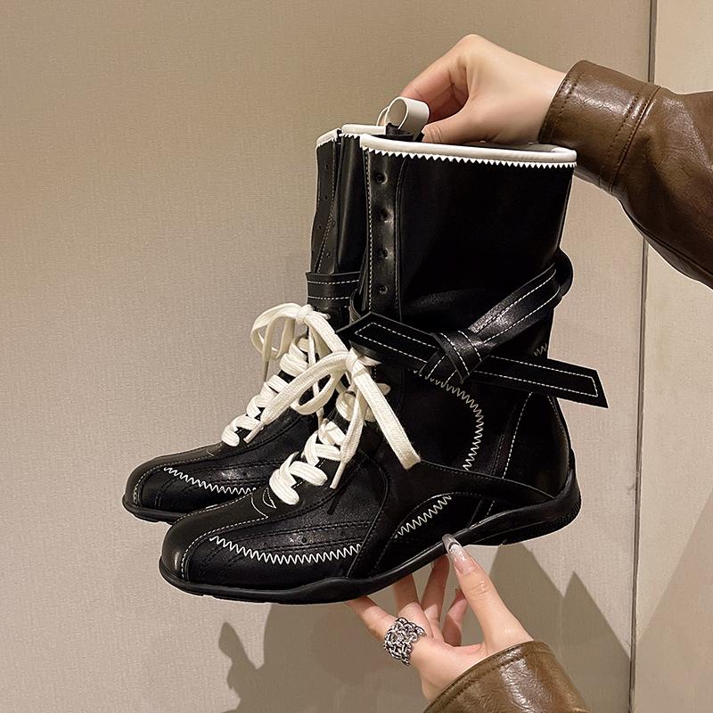 Fashion Spring New Flat Single Boot Women Fashion Round Head Front Lacing Soft Sole Anti-slip Wear-resistant Mid-calf Boots