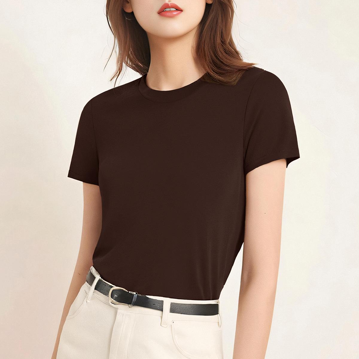 

«Высококачественная европейская футболка Tencel Wool Slim Fit с коротким рукавом для женщин — новая летняя мода, круглый вырез, стиль класса люкс» XXL кофейный