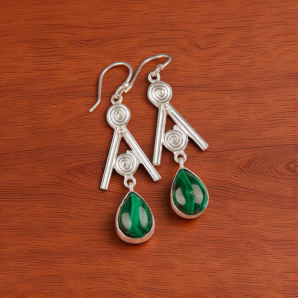 Rare Malachite Gemstone 925 Sterling Silver Jewelry Handmade Hook Earrings 2.4" EE-86-24