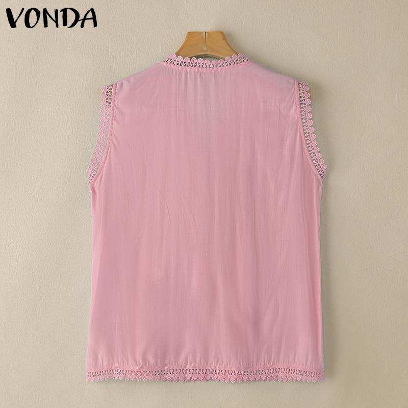 VONDA Women Summer V Neck Sleeveless Buttons Up Lace Crochet Hem Casual Tank Tops