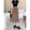 2026 New Plus Size High Waist Midi Slit Skirt - Light Mature A-line Design for Women