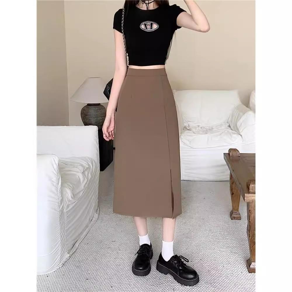2026 New Plus Size High Waist Midi Slit Skirt - Light Mature A-line Design for Women