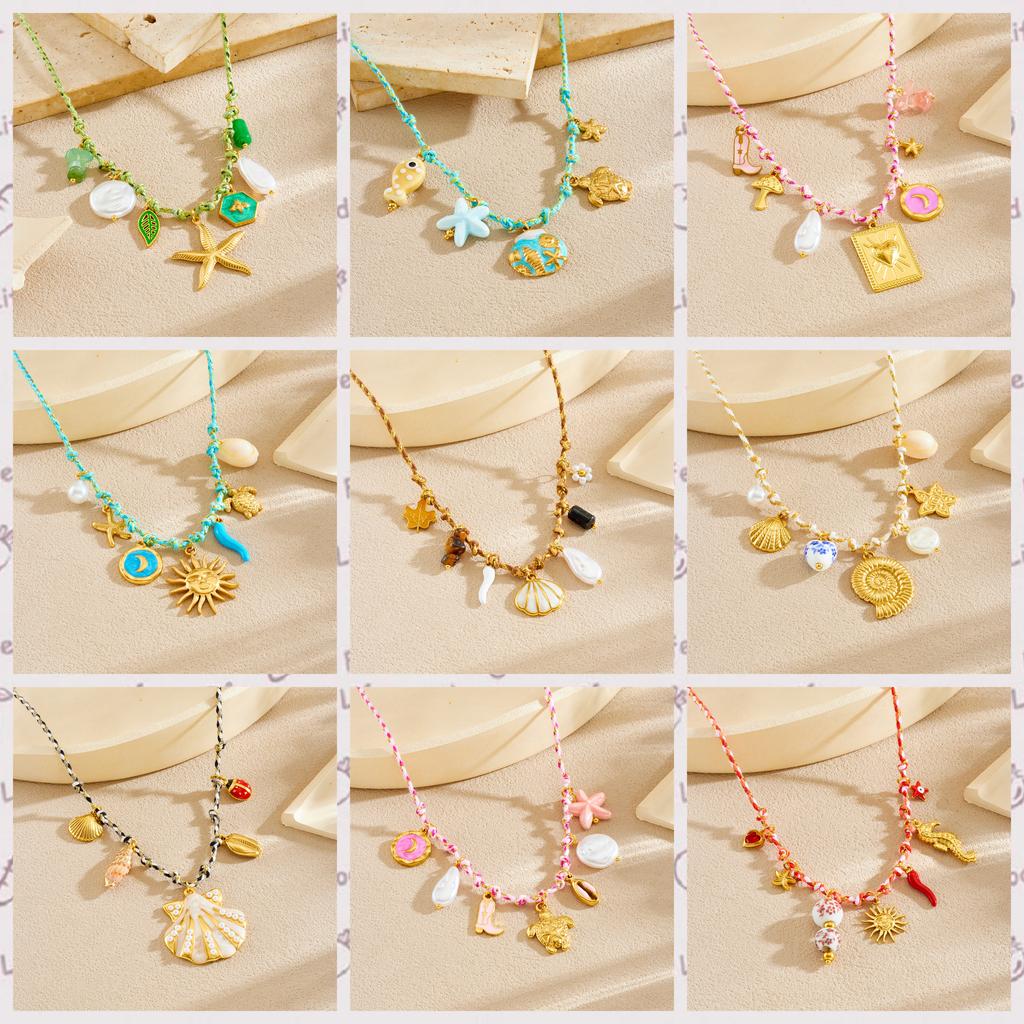 DIEYURO 316L Stainless Steel Sun Flower Heart Crystal Multi Pendant Necklace Lady Vintage Colored Woven Rope Neck Chain Jewelry