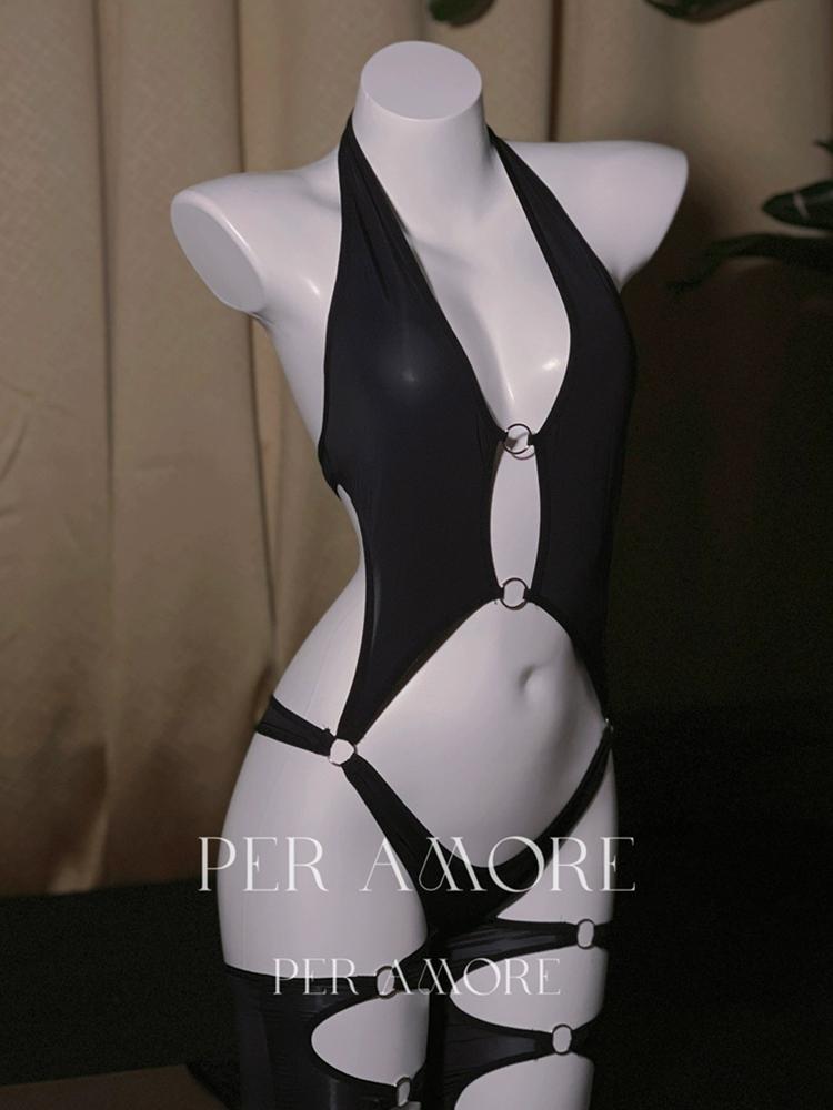 Role Play Lingerie Women's Sexy Mesh PU Leather Splicing See-through Slim Hanging Neck Free Temptation Erotic Open Anal Bodysuit