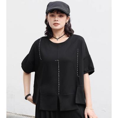 DIMANAF 2025 Plus Size Sommer Solide Fledermaus Weiß T-Shirt Frauen Kurzarm Lange Knöpfe Lose Tops Tees