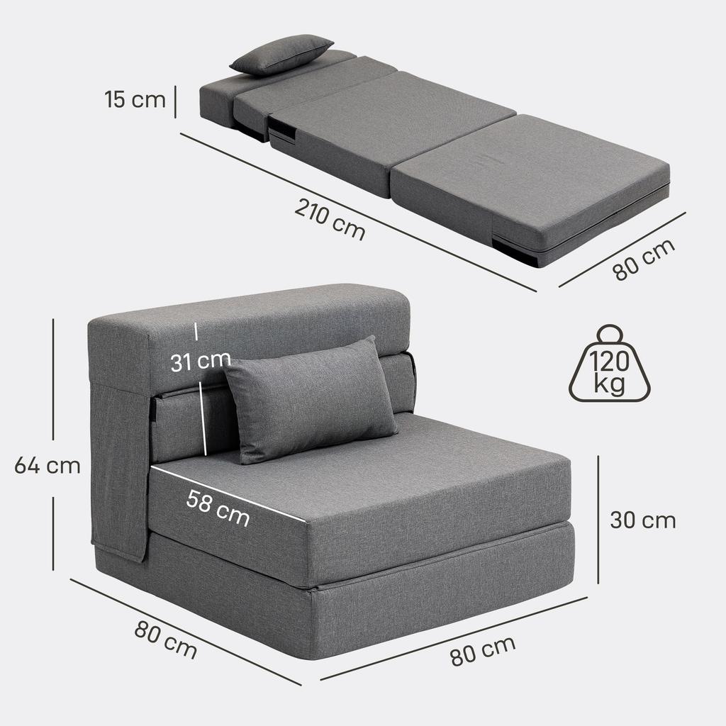 Poltrona convertibile 1 posto, poltrona letto pieghevole, cuscino incluso, per ospiti, soggiorno, piccolo spazio, carico 120 kg, grigio