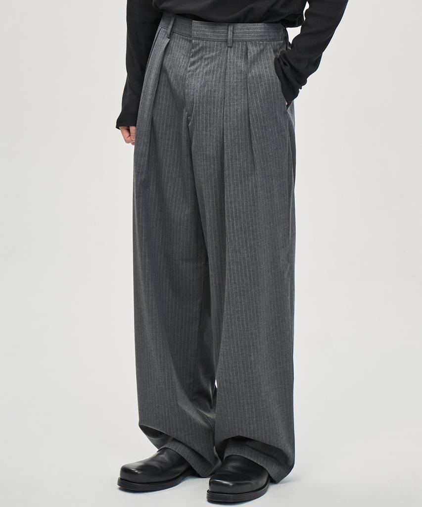 PRAIRIE Double-Pleated Pinstripe Wide Slacks (Gray)