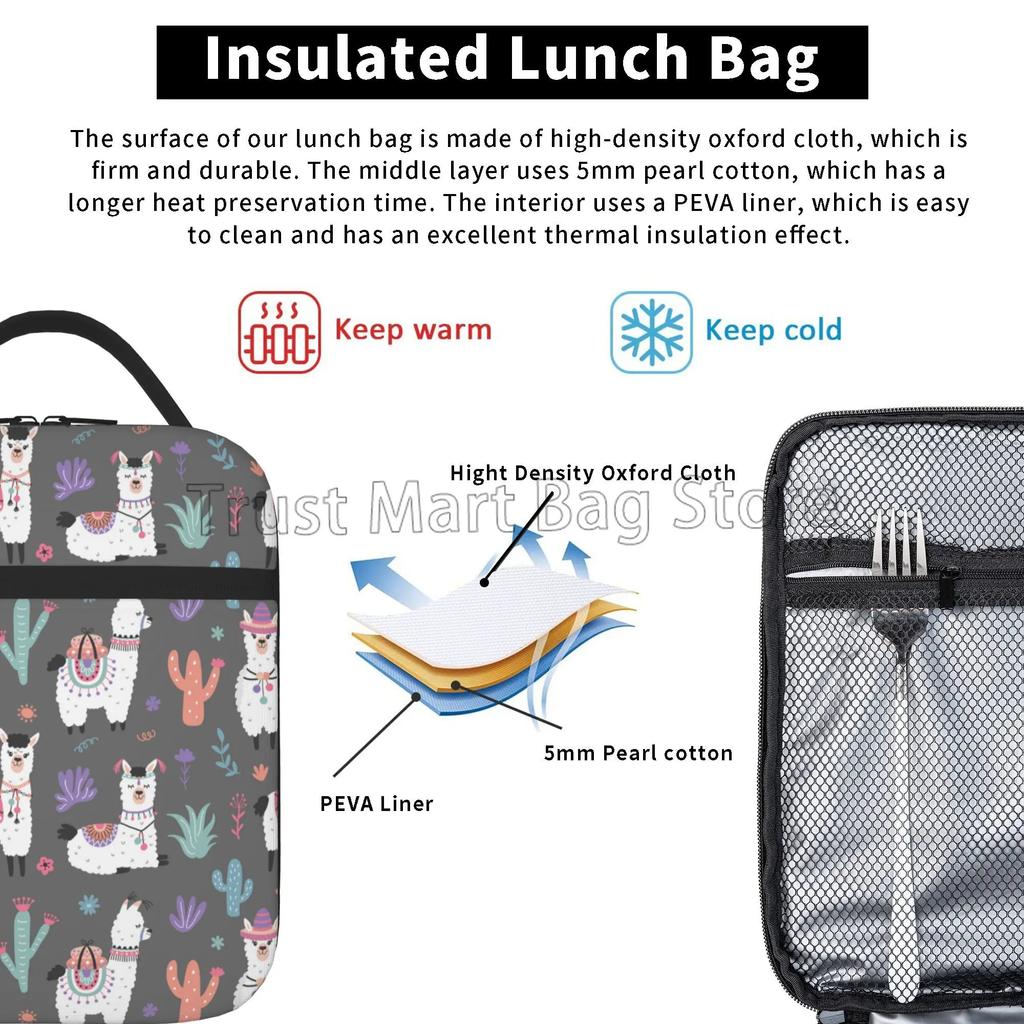 Cute Alpaca Llama Portable Thermal Lunch Bag Insulated Lunch Box Reusable Cooler Totes for Women Boys Girls Work Picnic Camping