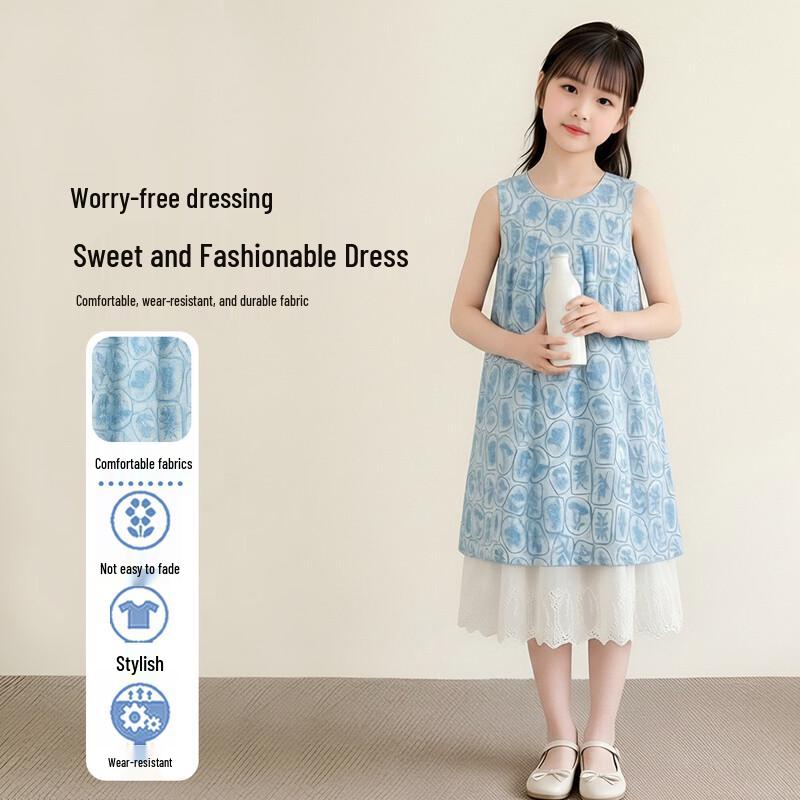 Girls  Summer Sleeveless Faux Two-Piece Lace Dress 170