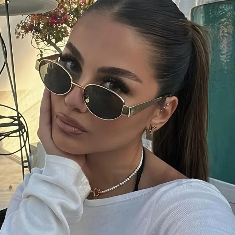 Fashionable Oval Women Sunglasses Retro Trendy Outdoor Metal Frame Classic High Quality Unisex Glasses