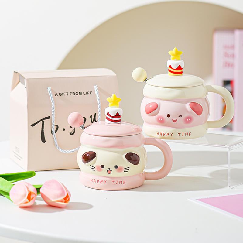 Cute Ceramic Water Cup Birthday Gift for Girls Super Cute and Beautiful Couple Mug with Lid Spoon Cup Souvenir