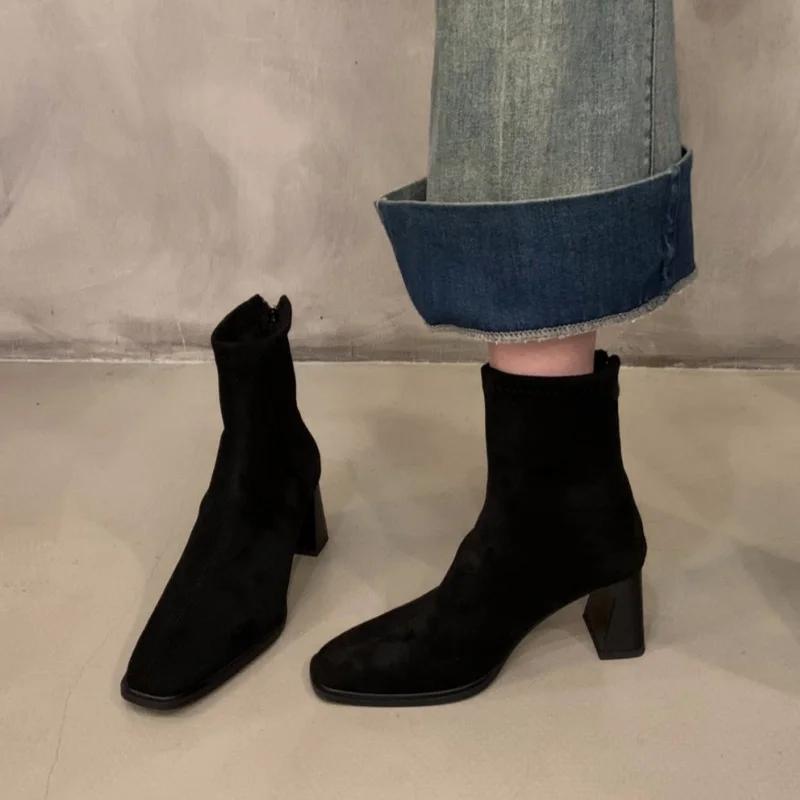 Bocanci de iarnă la modă, noi, cu vârf pătrat, sexy, din piele de căprioară, casual, de lucru, confortabili, cu fermoar, eleganți, cu toc înalt, pentru femei