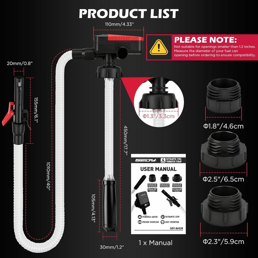 Automatic Fuel Transfer Pump With Auto-Stop Sensor(3.2 GPM), Battery Operated Gas Can Pump With 3 Can Adapters, Extra Long Hose, Portable Fuel Pump