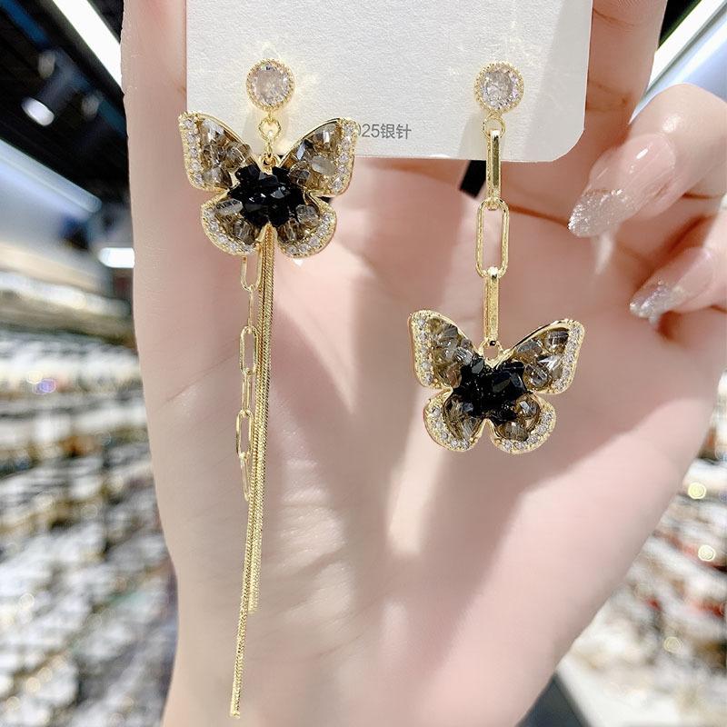 Advanced Design Asymmetrical Butterfly Tassel Earrings with Temperament and Personality AB Style Earrings and Earrings