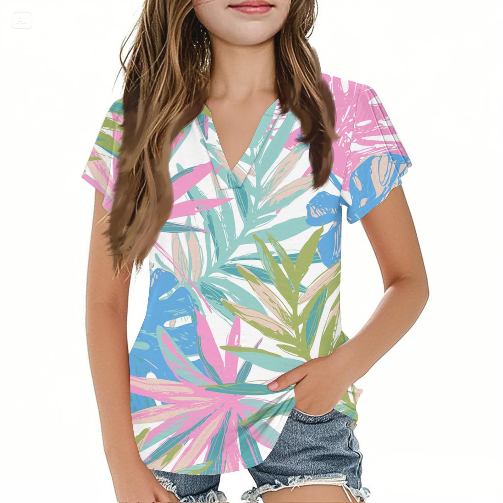 

Летний детский повседневный модный гавайский топ для девочек с короткими рукавами и V-образным вырезом 120