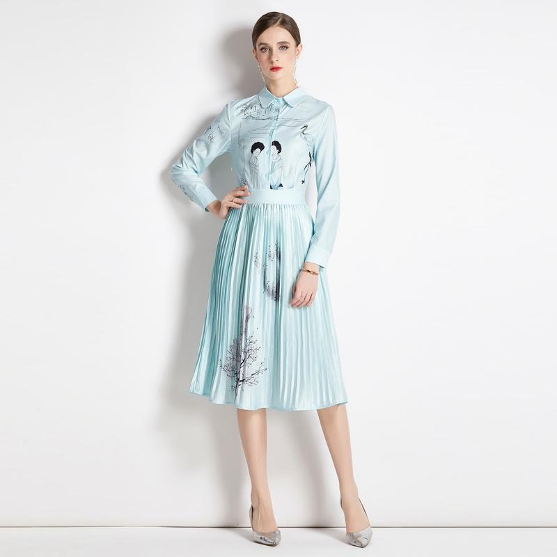 

Осеннее модельерское синее плиссированное платье для подиума, женское вечернее платье миди с длинным рукавом и отложным воротником XL синий