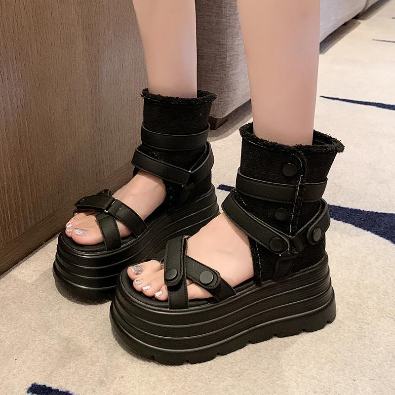 Fashion 8cm Women's Fashion Sexy Roman Sandals Summer Ultra High Heel Wedge Platform Shoes Open Toes Solid Color Sandalias De Mujer