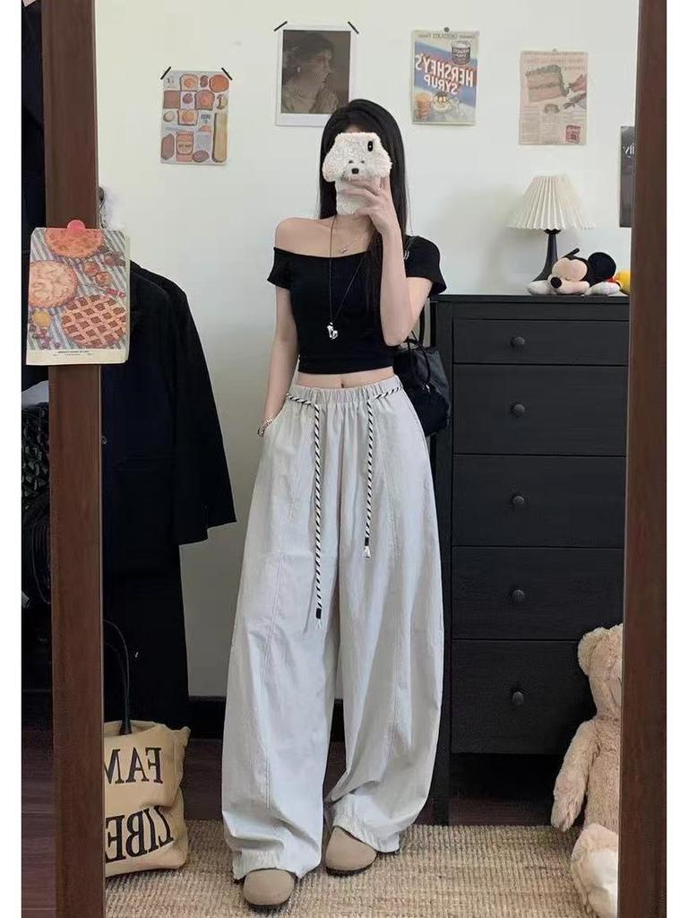 Drawstring High-Waist Women's Banana Pants - Spring 2026 Wide-Leg Loose Fit, Floor-Length, Slimming Casual Design.
