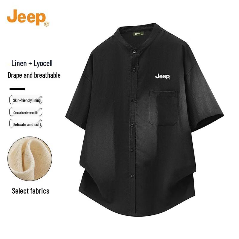 JEEP Men s Tencel Blend Stand-Collar Short Sleeve Shirt L чёрный