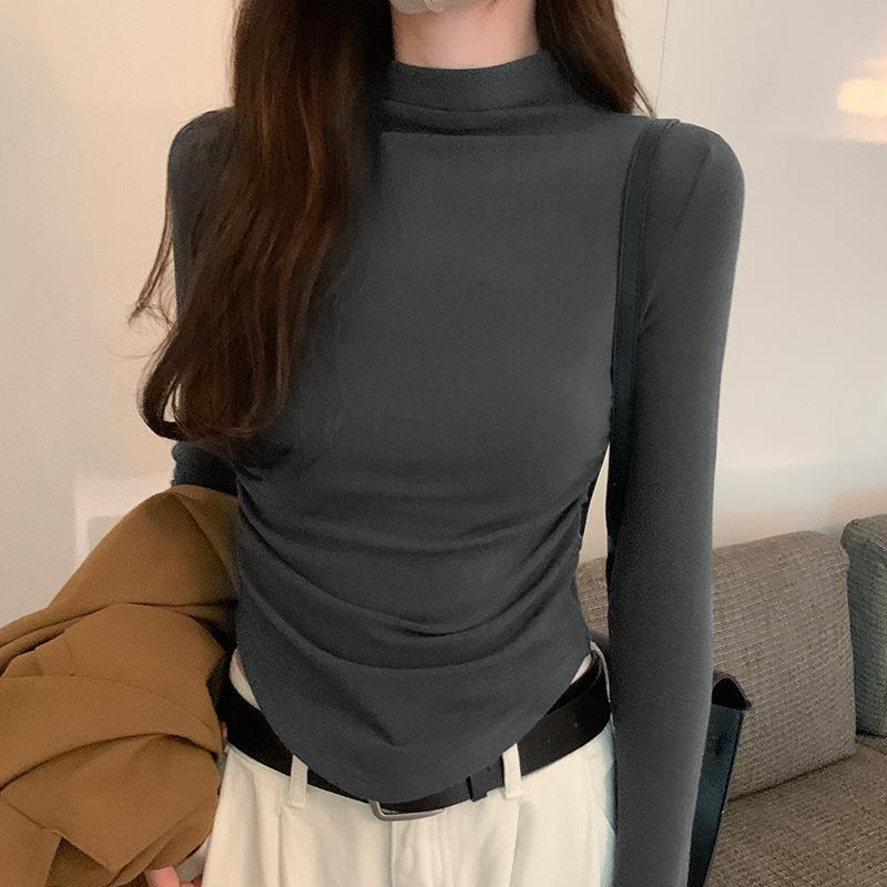 

Футболка с полуводолазкой, однотонная, флисовая, плиссированная, для женщин, осень и зима, новая, приталенная, с длинными рукавами, внутри XL