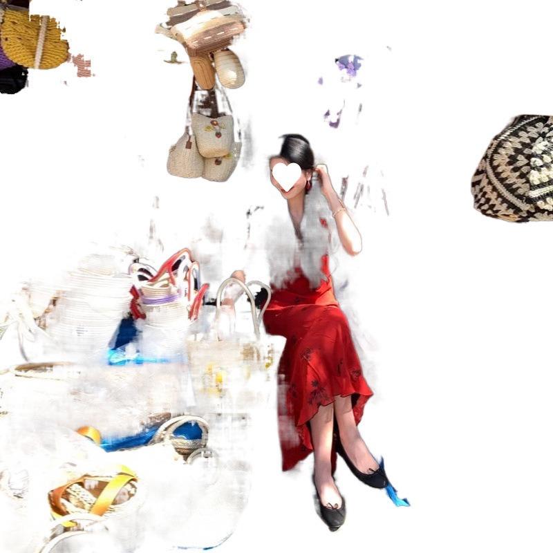 French Retro Printing Red Suspender Floral Collar Dress Women's Summer High-end Royal Sister Waist Dress