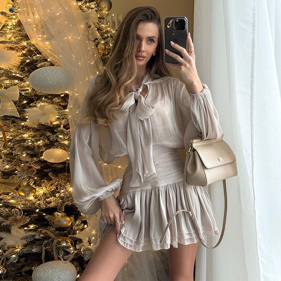 New Women's Fashion Bow Tie Tie-Up Top High Waist Pleated Half Skirt Casual Set