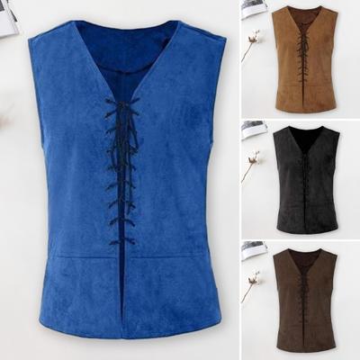 Men Pirate Vest Vintage Medieval Lace Up Solid Color V Neck Sleeveless Cosplay Performance Hallowen Party Role Play Tank Top