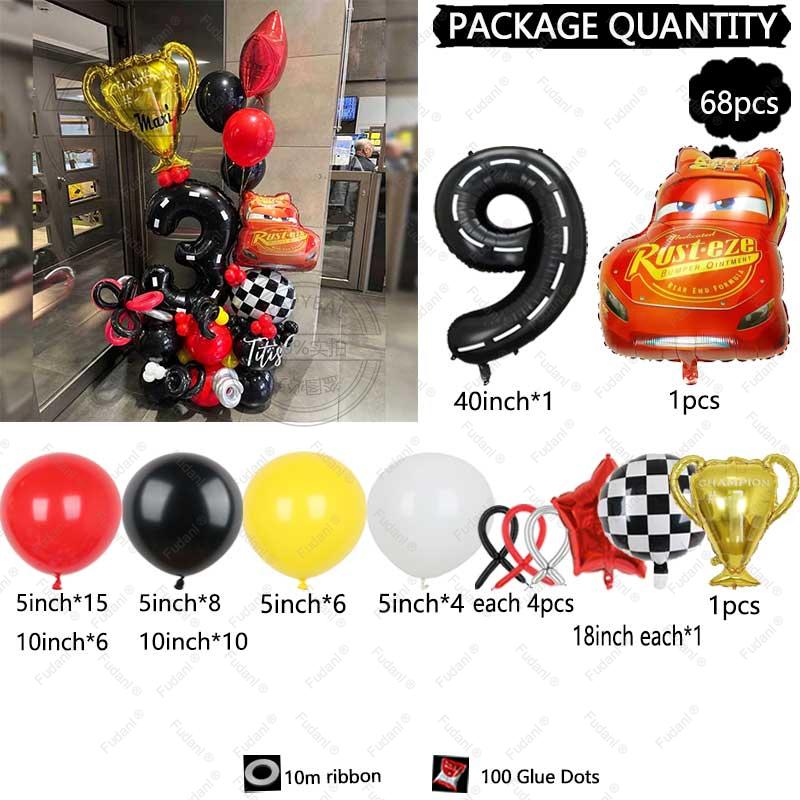 68PCS Cartoon Cars Series Lightning McQueen Red Yellow Black Latex Balloon Set 40inch Number Foil Ball Boy Birthday Party Favors