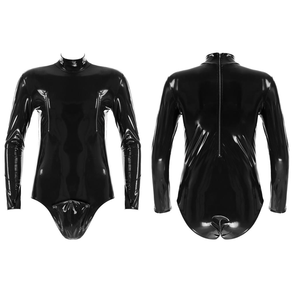 Men Shiny Latex Catsuit Leotard Jumpsuit Slim Fit Long Sleeve Zipper Boxer Bodysuit Leotard Clubwear Pole Dance Rave Costume