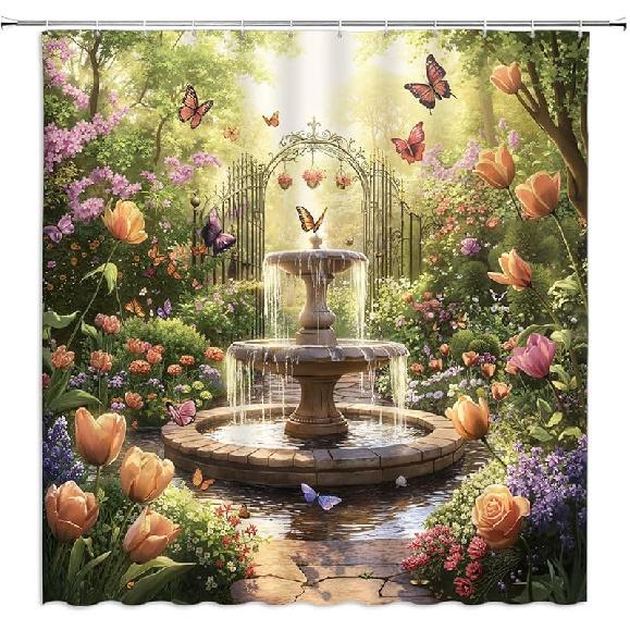 

Spring Garden Shower Curtain Fantasy Forest Flower Butterfly Elegant Tulip Floral Romantic Nature Scenery Wonderland Bathroom Curtain Set Polyester 70 W x 70 L (Pack of 1)