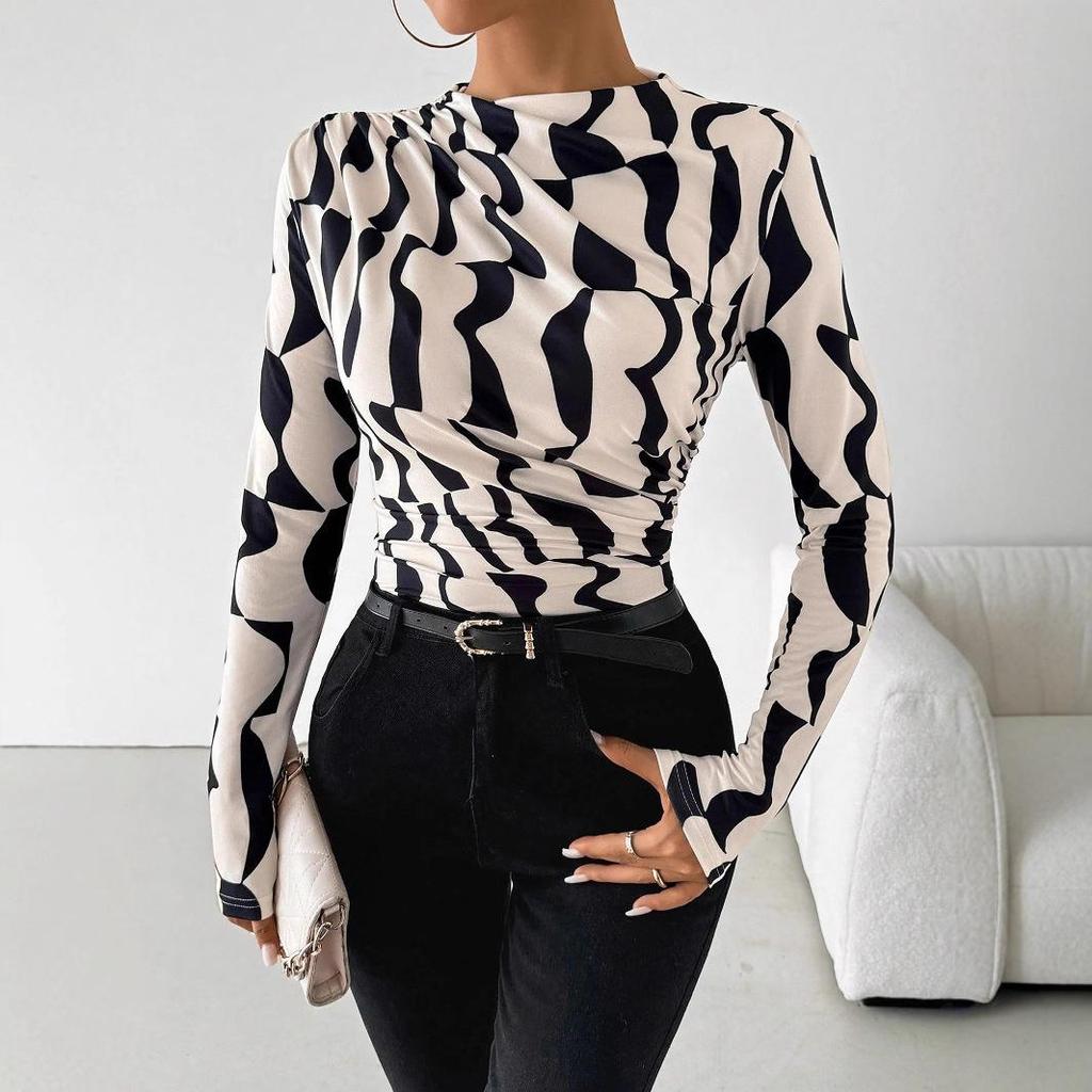 Women's Long Sleeve Shirts Geo Print Ruched Tees Mock Neck Elegant T-Shirt Tops