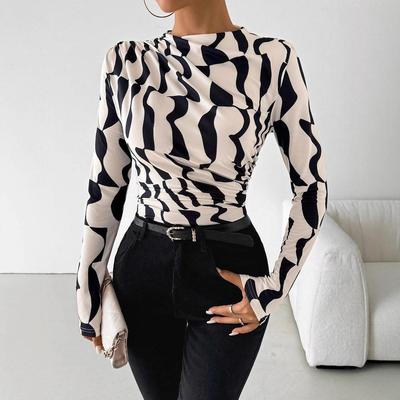 Women's Long Sleeve Shirts Geo Print Ruched Tees Mock Neck Elegant T-Shirt Tops