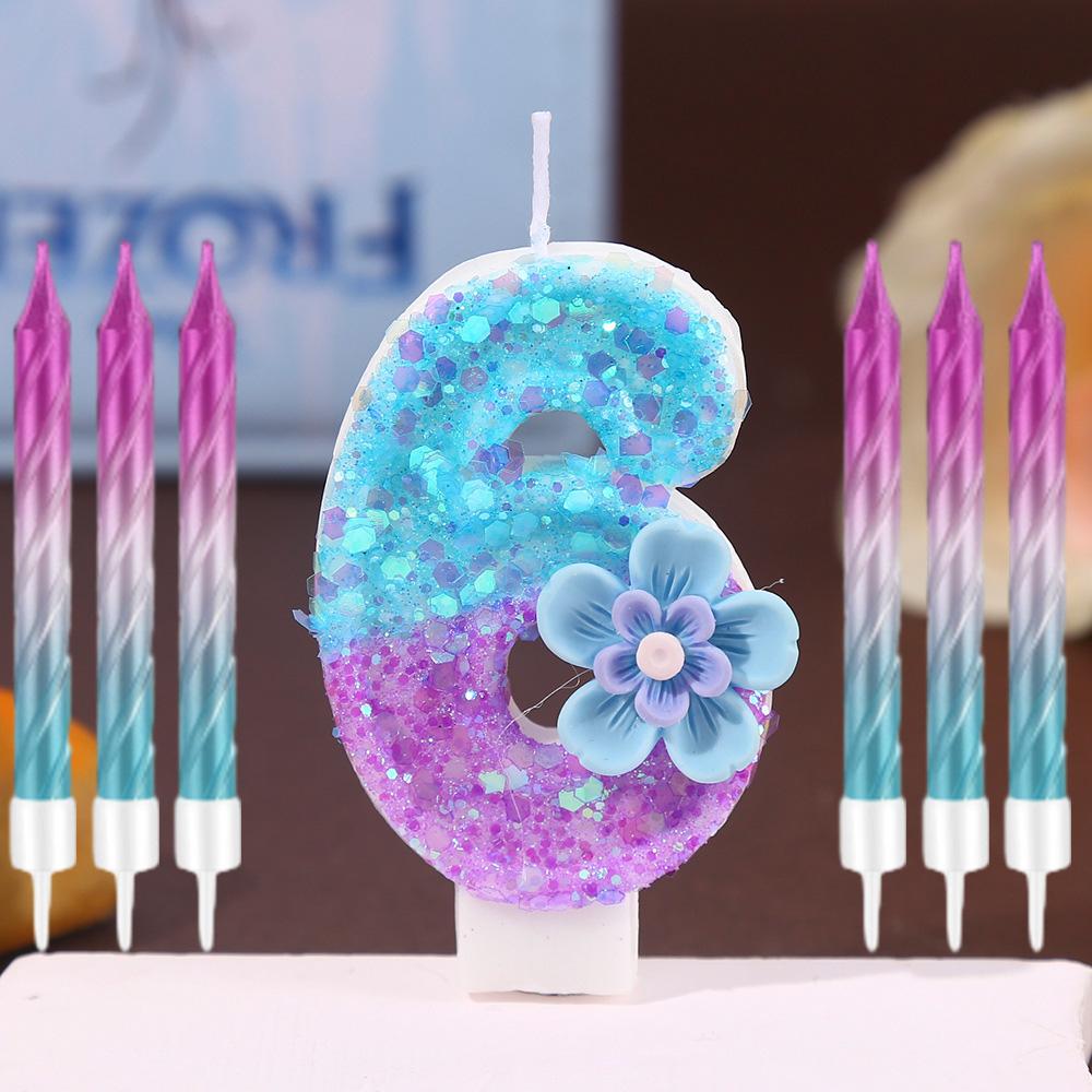 7pcs Blue Purple Flower Birthday Number Candles,Flower Theme Party Decorations, Cupcake Decorations,Suitable for Party Celebrati