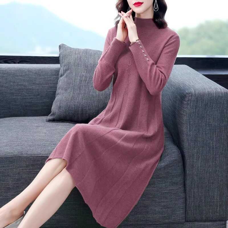 Autumn Winter Round Neck Elegant Knitting Robe Dress Women Solid Color Casual Fashion Bottomed Vestidos