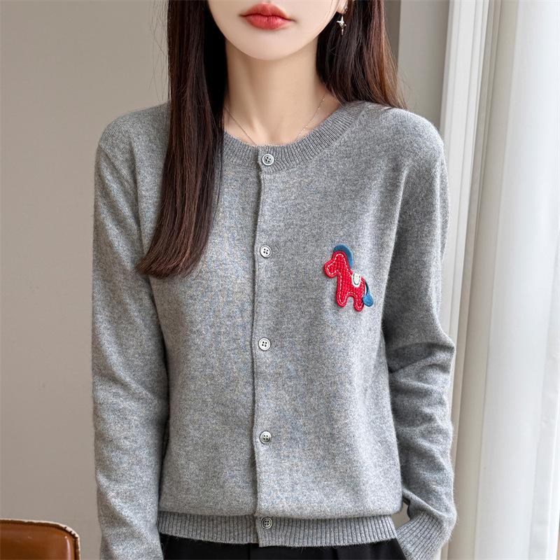 Korean Little Pony Embroidered Round-Neck Red Knit Cardigan: Women's Loose Fit High-End Style Sweater