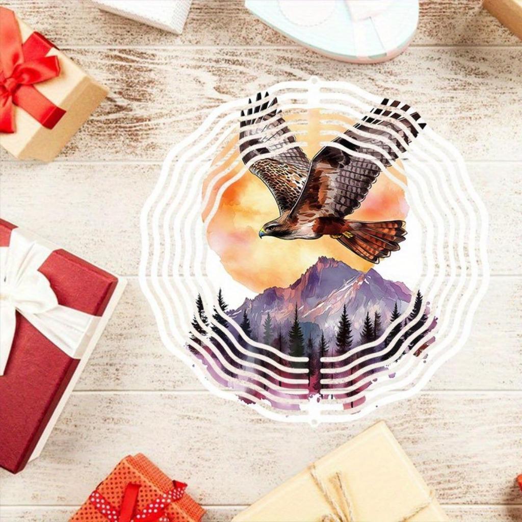 Eagle Metal Wind Spinner Outdoor Decor 2D Hanging Yard Art with 360 Rotating Hook No Power Needed Easy Install Forest Sunrise Design