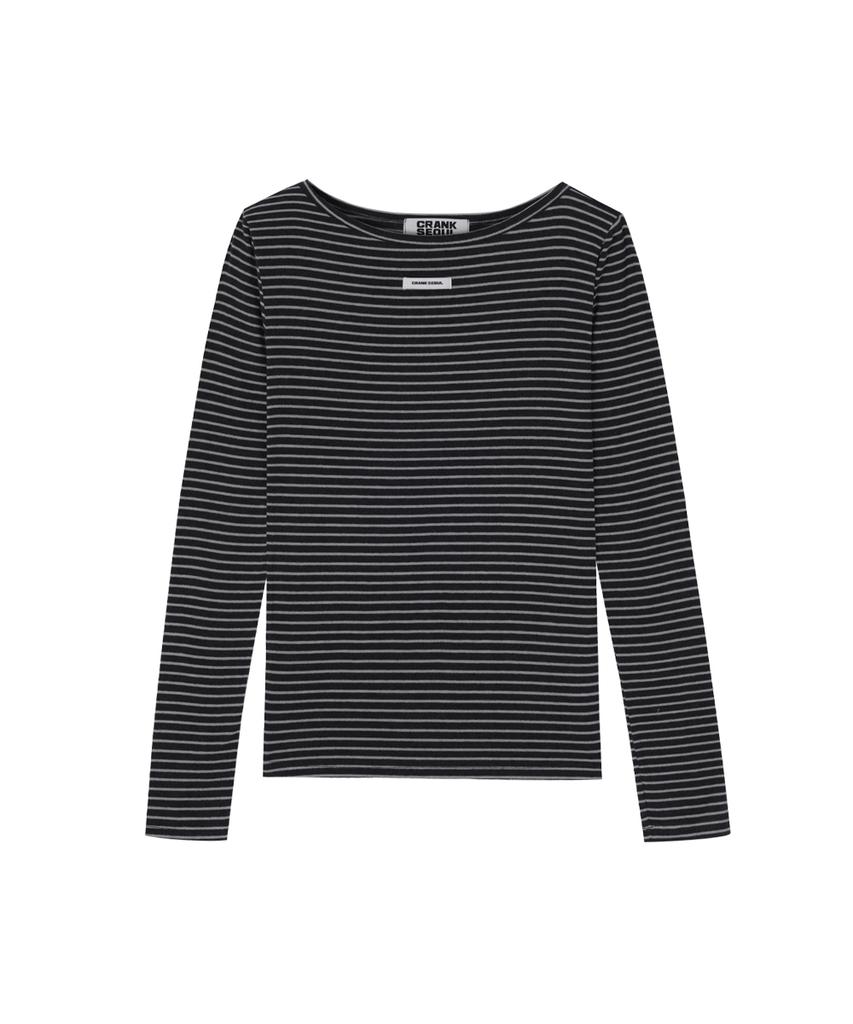 CRANK Striped Basic Boat Neck Top_Charcoal
