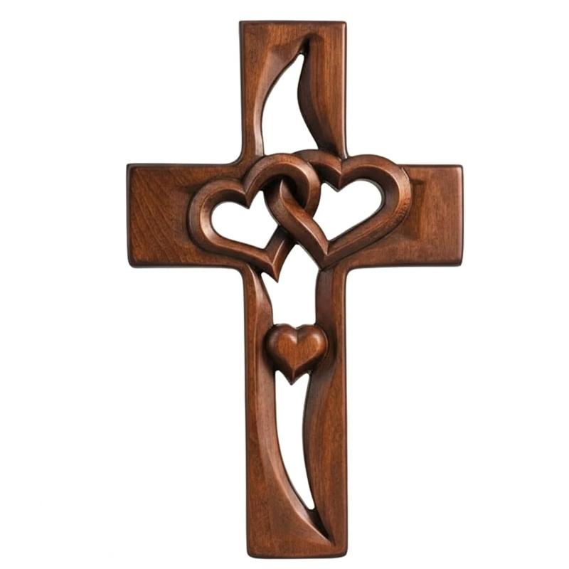 Hand-Carved Intertwined Hearts Wooden Cross, Hanging Hand Carved Marriage Cross