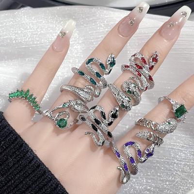 Eingelegter Zirkon Schlangen Offener Ring Nischen Design Persönlichkeit Dunkel Retro Kalter Wind Ring Damen