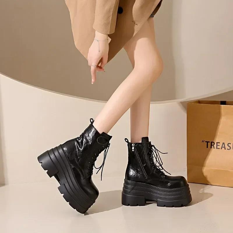 Women Boots New Winter Motorcycle Boots 10.5cm Wedge Heels High Platform Leather Chunky Shoes Woman Autumn Thick Sole Punk Boots