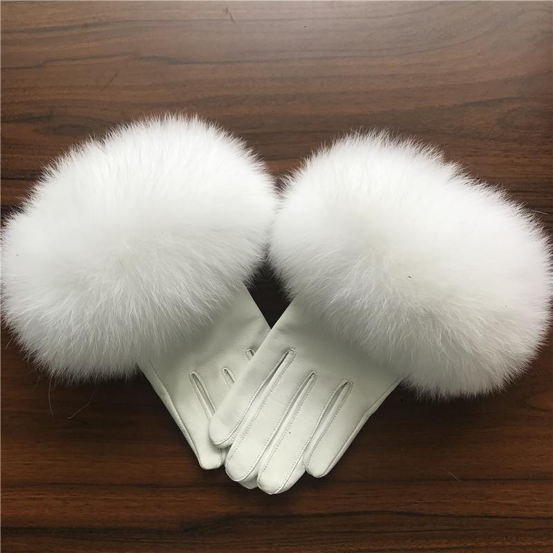 Jxwatcher Winter Women Warm Genuine Sheepskin Gloves Luxury Fur Trim Full Finger Fashion Leather Gloves