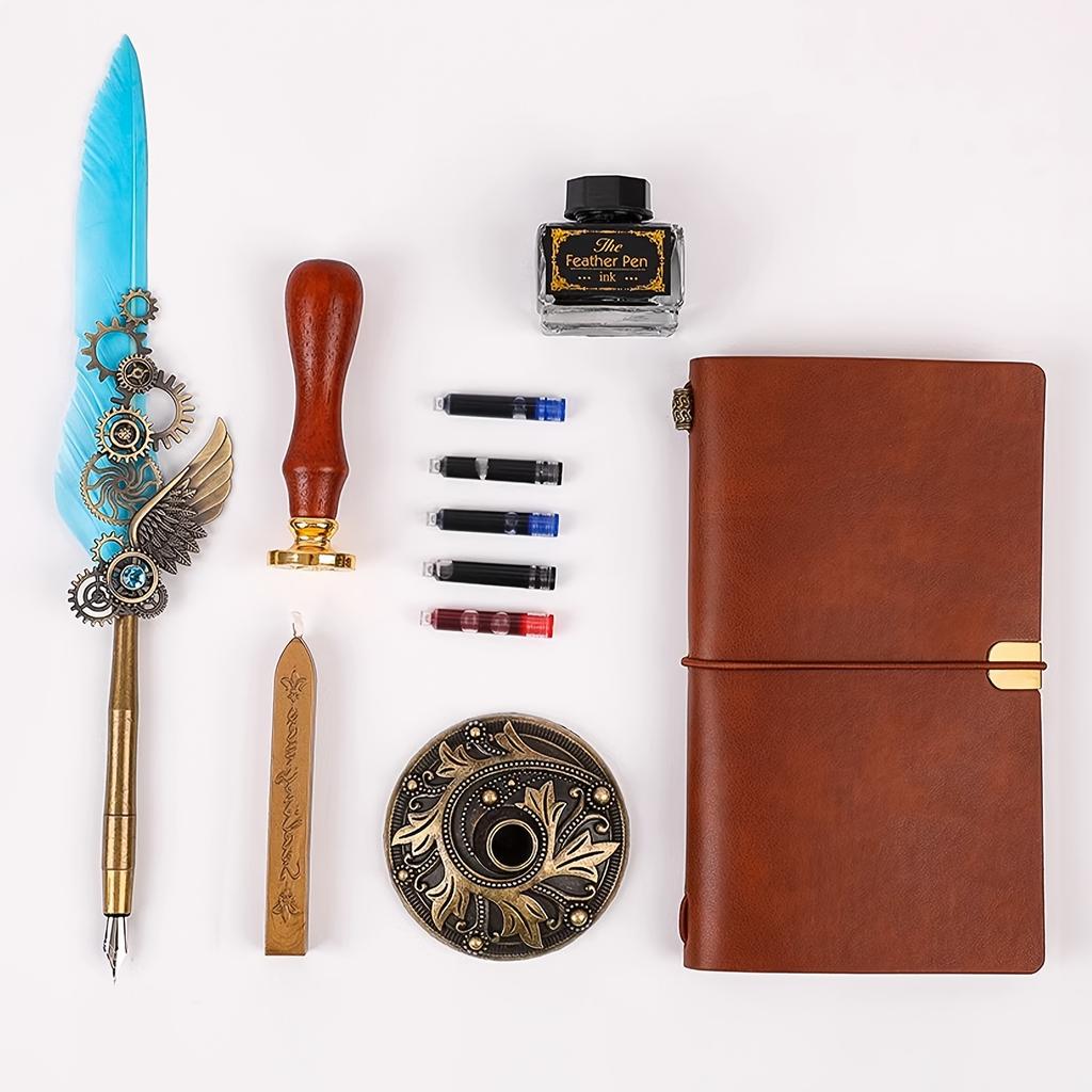 Retro Tüy Kalem Mürekkep Hediye Kutusu Seti, Defter ve Mühür Mumu ile, Ofis Yazımı/Babalar Günü/Okul Dönemi/doğum Günü/Hediye İçin Uygundur