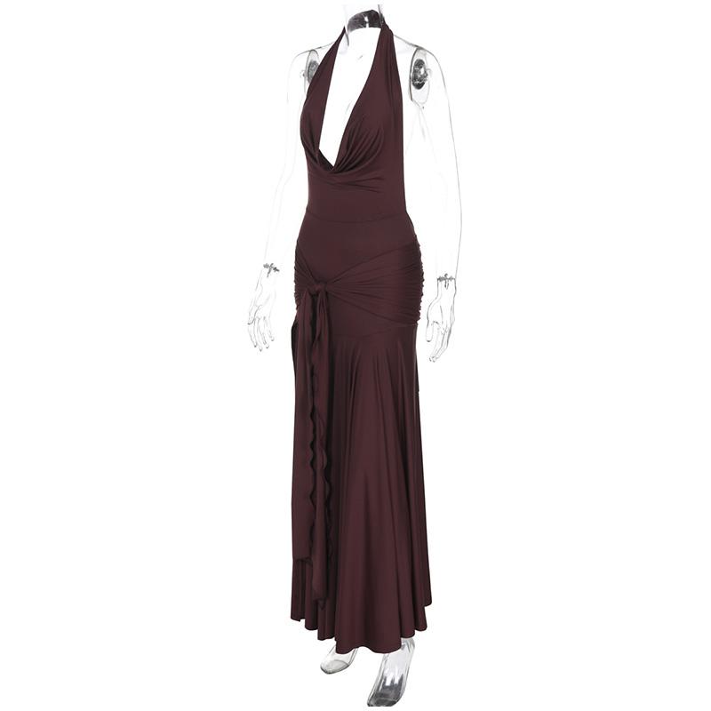 Sexy Halter Brown Long Dress Women Slim Backless Pleat Knot High Slit Draped Dresses Female 2025 Summer Lady Beach Party Dress