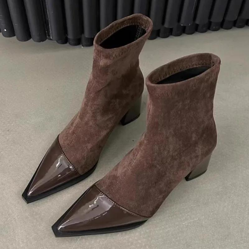 

Women s New Autumn Chunky Single Boots Pointed Suede Splicing Anti-slip Wear-resistant Ankle Boots 35