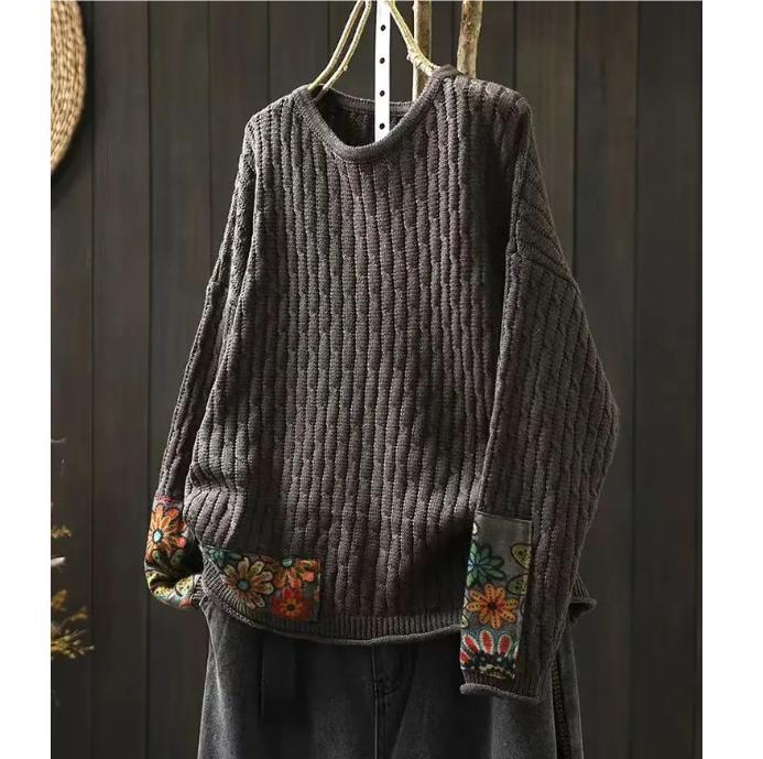 Winter Fall Fashion Vintage Sweater Women's O-neck Loose Casual Lazy-style Casual Pullover Flower Print Patchwork Knitwear