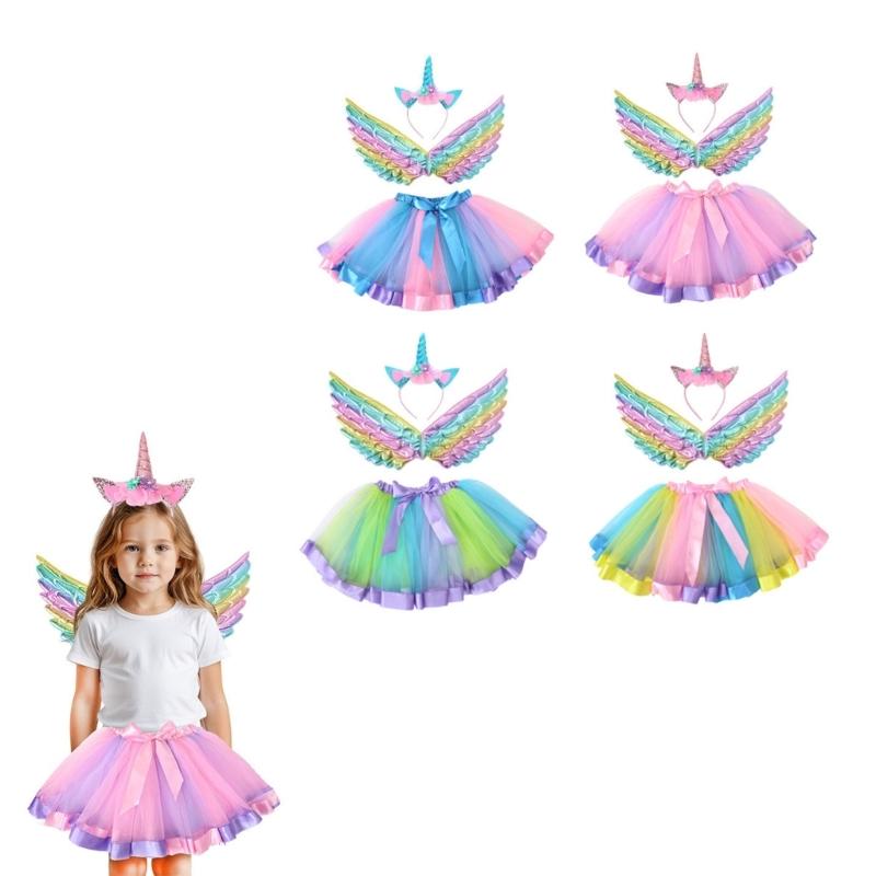 Fairy Wing Unicorns Headbands Tutus Skirts for Kids Girls Unicorns Pretend Play Costume Halloween Birthday Party Decors