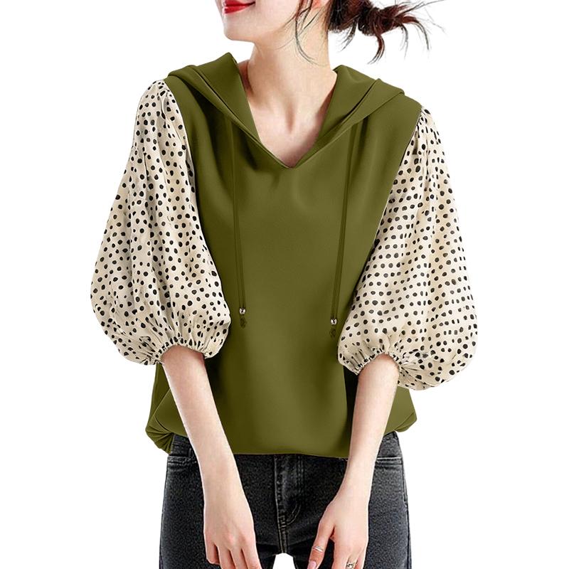 

ZANZEA Женская повседневная блузка с капюшоном свободного кроя с рукавами 3/4 и принтом в горошек армия зеленый